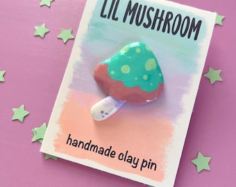 Handmade Colorful Teal Mushroom Polymer Clay Pin - Quirky Nature Jewelry