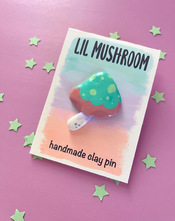 Handmade Colorful Teal Mushroom Polymer Clay Pin - Quirky Nature Jewelry