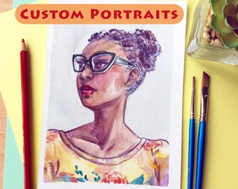 Custom Watercolor Portrait - Hand Painted Art Commission // Painting from Photo, Memorial Gift