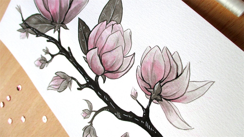 Ink Flower Paintings, Inktober Original Stylized Floral Illustrations image 2