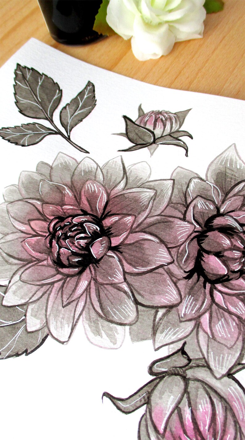 Ink Flower Paintings, Inktober Original Stylized Floral Illustrations image 8