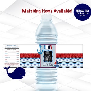 Nautical Baby Shower Etichette per bottiglie d'acqua stampabili / Tema nautico Etichette per bottiglie d'acqua File digitale / Ahoy It's A Boy Labels / BS1