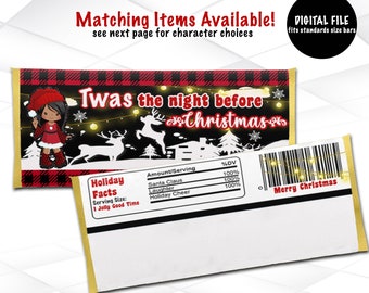 May include: A red and black plaid candy bar wrapper with a cartoon girl wearing a red dress and a Santa hat. The wrapper says "Twas the night before Christmas" and has a nutrition facts label with the text "Holiday Facts".