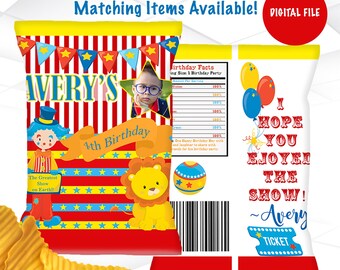 Circus Party Printable Chip bag, Circus Birthday Party Chip Bag, Circus Carnival Chip Wrapper, Kids Birthday party