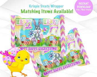 May include: Printable Krispie Treat wrapper featuring a bunny rabbit holding Easter eggs, a chick holding an Easter egg, and the text "Happy Easter" and "Happy Spring". The wrapper also includes the text "Happy Happy Everything!"