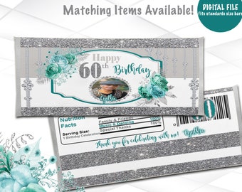Birthday Candy Bar Wrappers Printable | Teal and Silver Chocolate Bar Wrappers Digital File  | Chocolate Bar Wrappers |  BD1