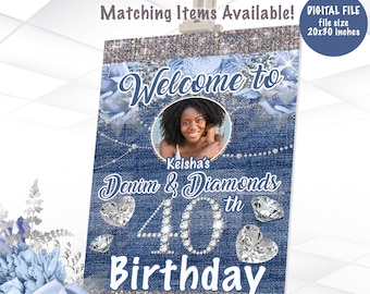 Denim & Diamonds Welcome Sign 20 x 30 inch Printable Denim and Diamonds Birthday Sign Template DD1