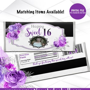 Sweet 16 Candy Bar Wrappers Template | Sweet 16 Chocolate Candy Bar Wrappers Printable | Shades of Purple Favor | BD3
