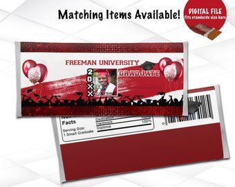 May include: Red and white chocolate bar wrapper with a graduation theme. It features a photo of a graduate, the words "Freeman University" and "Graduate", and the year "20XX".