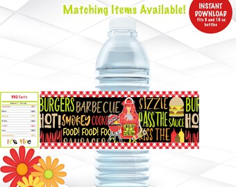 May include: A red and white checkered water bottle label with black text that reads "Burgers Barbecue Sizzle Bur Hot! Smokey Cook's Shop Chillin & Grillin Pass the Sauce Ho! Mummy Food! Food! Food! Kiss the Yum". The label features a grill, a burger, and a ketchup bottle.
