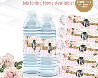 Etiquetas de botellas de agua para bodas. Archivo digital / Etiquetas de botellas de agua de boda rosa imprimibles / Archivo de etiquetas de boda floral / W3