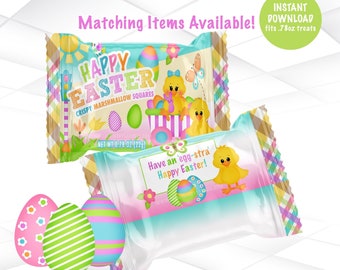 May include: Printable Easter treat bag wrappers featuring a yellow chick, colorful eggs, and the text "Happy Easter! Crispy Marshmallow Squares". The wrappers are designed to fit 7.8 oz treats.  The text "Have an egg-stra Happy Easter!" is also included on the wrapper.
