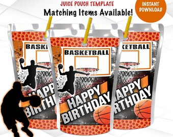 May include: Three juice pouch templates with a basketball theme. The pouches are orange and black with a basketball hoop and a basketball player. The text "Happy Birthday" is on the pouches. The text "Juice Pouch Template" and "Matching Items Available!" is at the top of the image. The text "Instant Download" is in the top right corner of the image.