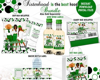 Sisterhood Party Labels Bundle Instant Download Sorority Party Favors Bundle  Green and White Chip Bag Package Printable SH1