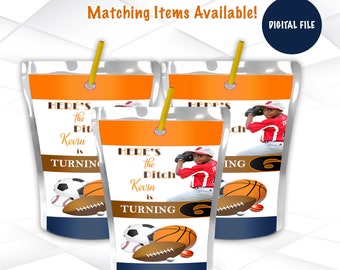 May include: Three orange and blue juice pouches with a baseball theme. The pouches feature a photo of a young boy playing baseball, the text "Here's the Pitch Kevin is turning 6", and various sports-themed graphics.