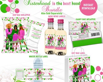 Sisterhood Party Labels Bundle Instant Download Sorority Party Favors Bundle  Pink and Green Chip Bag Package Printable SH1