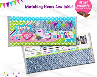 Roller Skating Candy bar Wrappers Instant Download | Let's roll Chocolate Bar Wrapper Printable | Roller Skating Party Favor Printable RS1