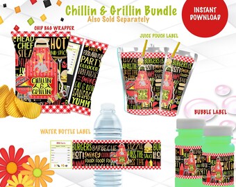 Può includere: Etichette per feste stampabili per un barbecue o una festa di grigliata. Le etichette presentano un motivo a scacchi rosso e nero con una griglia e il testo "Chillin & Grillin". Le etichette sono per sacchetti di patatine, sacchetti di succo, bottiglie d'acqua e bottiglie di bolle.
