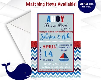 May include: Ahoy It's a Boy! baby shower invitation with a blue and white chevron pattern, red and white sailboat, and the text "Sabrina & Mike" in red. The invitation includes the date "April 14" and the time "4:00PM".