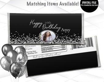 Birthday Candy Bar Wrapper Template | Chocolate Candy bar Wrappers Printable| Black and Silver Candy bar Wrappers |  BD2
