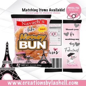 Paris Theme Honey Bun Snack Wrapper Template | Paris Party Honey Bun Wrapper Printable |  BD4