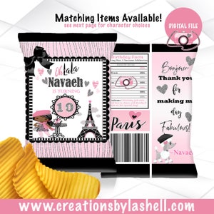May include: Pink and black chip bag with a Parisian theme. The bag features a girl with a black beret and a Eiffel Tower. The text on the bag reads "Oh Lala Navaeh is turning 10".