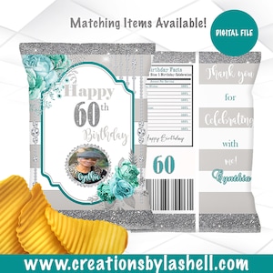 Birthday Chip Bag Printable | Teal and Silver Chip Bags Digital File | Birthday Chip Bag Template | BD1