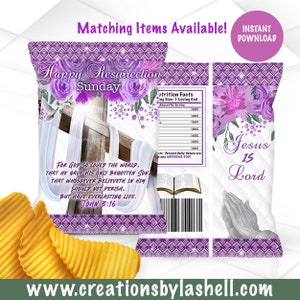 May include: Printable chip bag design in purple and white featuring a cross, flowers, and the text "Happy Resurrection Sunday" and "For God so loved the world, that he gave his only begotten Son, that whosoever believeth in him should not perish, but have everlasting life. John 3:16".