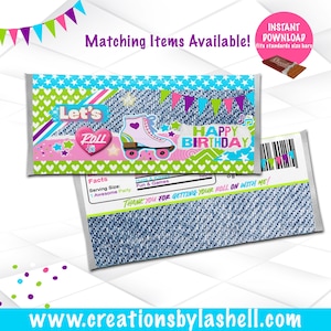 Roller Skating Candy bar Wrappers Instant Download | Let&#39;s roll Chocolate Bar Wrapper Printable | Roller Skating Party Favor Printable RS1