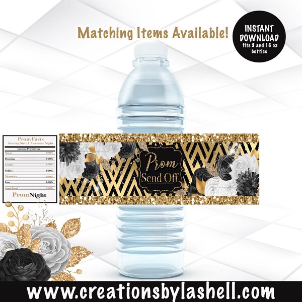 Prom Send Off Water bottle labels Instant Download | Prom Favors Printable | Black and Gold Prom Labels | P2