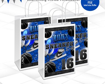 Printable Sneaker Ball Gift Bag Label | Boy Birthday Party Favor | Royal Blue and Black Digital File | Basketball & Sneaker Theme | SBB1