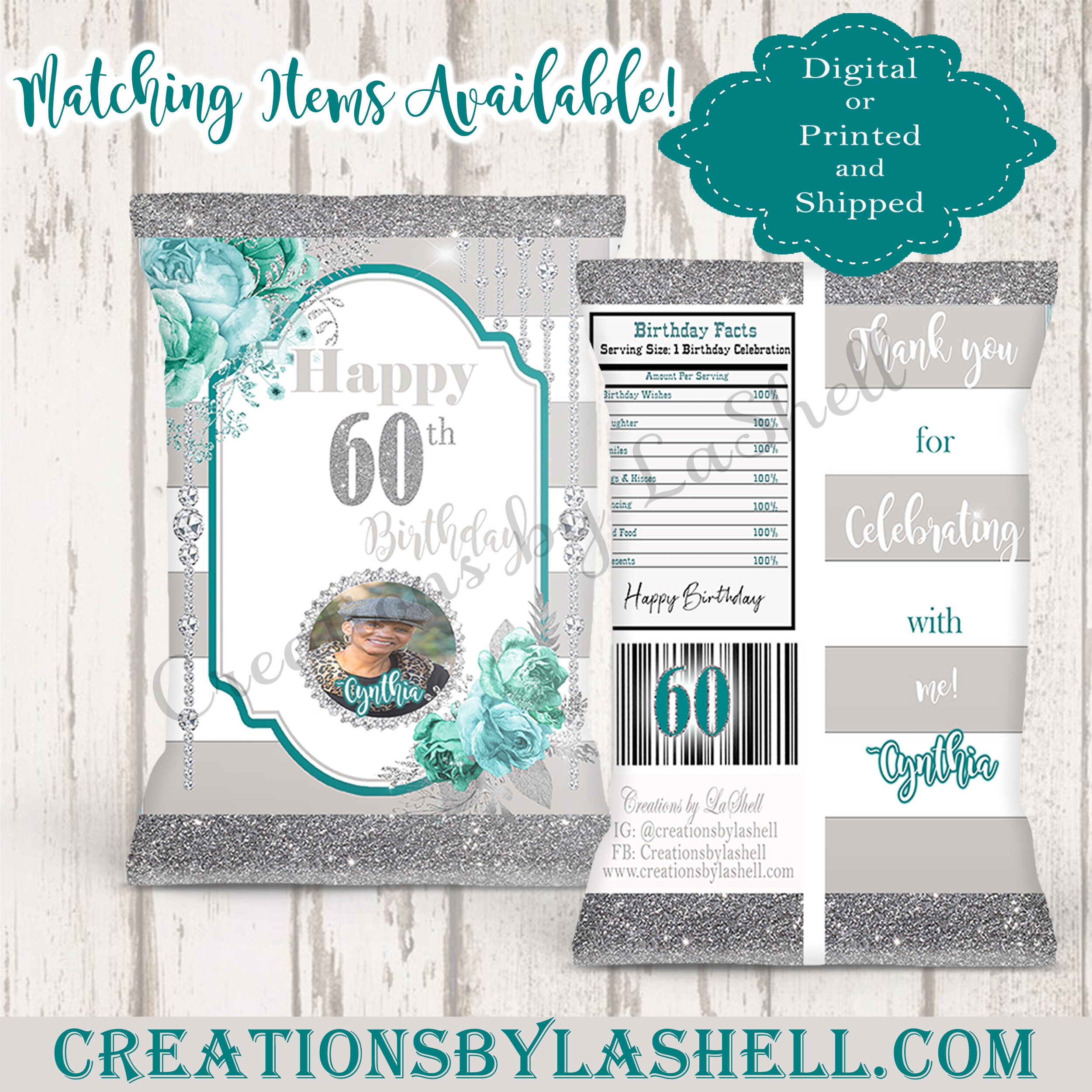 Birthday Chip Bags / 60th Birthday/ Silver Sparkle / Custom Etsy