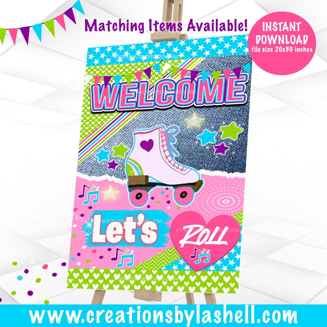 Girl Roller Skate Birthday Party Welcome Sign Printable Neon Skating ...