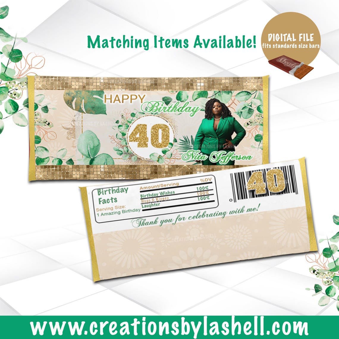 Green and Gold Birthday Candy Bar Wrapper | Digital Chocolate Bar ...