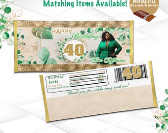 Green and Gold Birthday Candy Bar Wrapper | Digital Chocolate Bar Wrapper | Printable Birthday Favor | Personalized Party Decoration | BGG1