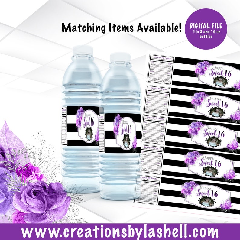 Sweet 16 Water Bottle Labels Printable Sweet 16 Drink Label Digital