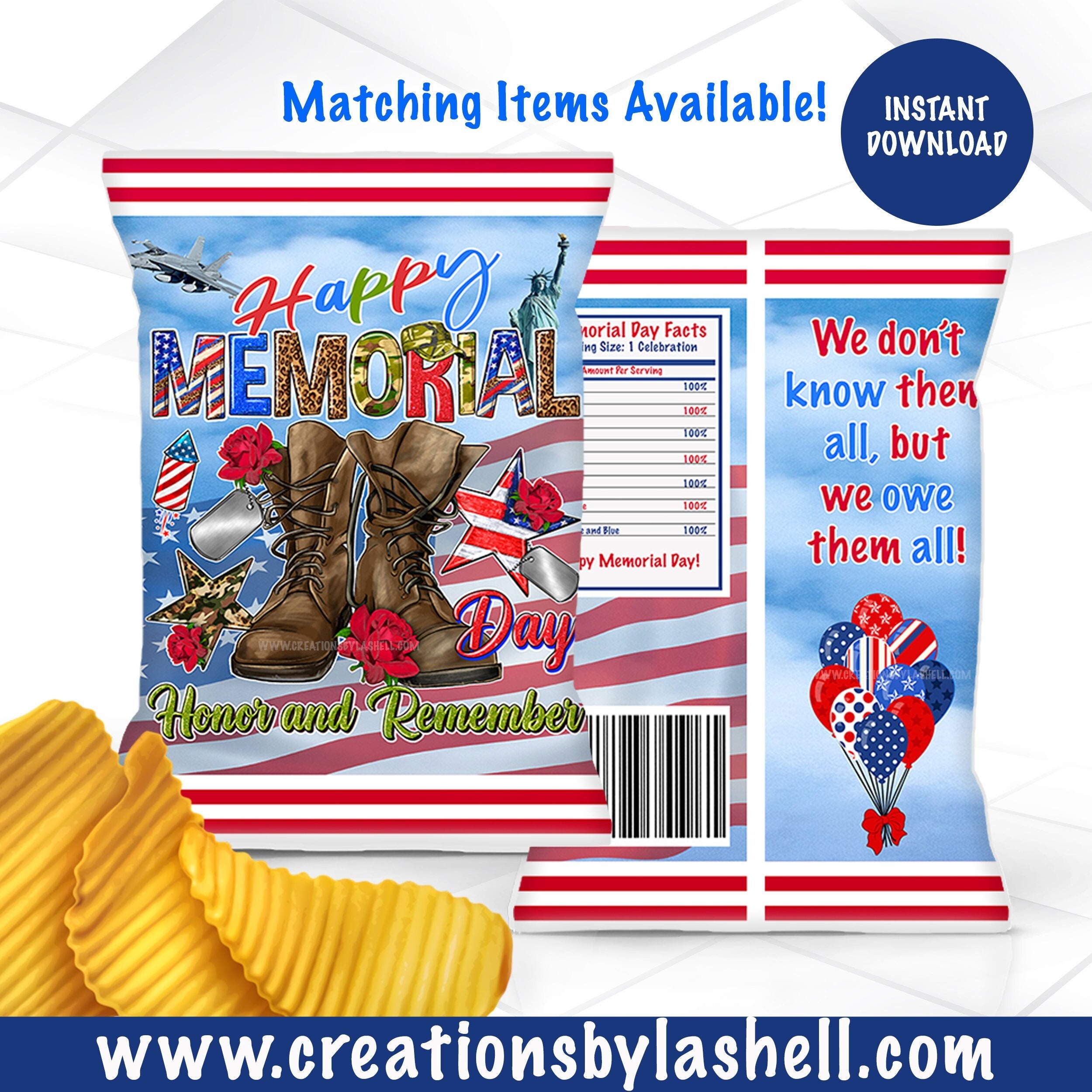 Memorial Day Chip Bag Instant Download Red White and Blue Chip Bag