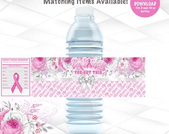 Breast Cancer Awareness Water Bottle Label Instant Download | Breast Cancer Water Bottle Labels Printable | Be Strong Labels  BC1