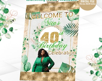 Green and Gold Birthday Welcome Sign | Custom Digital Birthday Sign | Welcome Sign 20 x 30 inch | Elegant Birthday Decoration |  BGG1