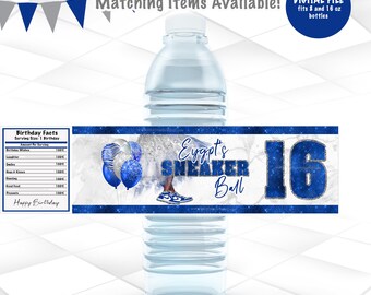 Sneaker Ball Water Bottle Labels | Blue Silver Birthday Party Favor Wraps | Sweet 16, Birthday Printable Decoration | Digital File | SB1