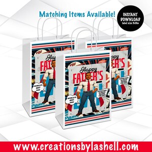 May include: Three white gift bags with handles, each featuring a comic book style design for Father's Day. The bags display a muscular man in a white shirt, red tie, and blue jeans, with text that reads "Happy Father's Day" and "World's Best Dad."