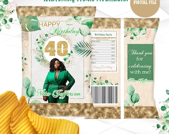 Happy Birthday Green and Gold Chip Bag Digital File | DIY Chip Bag | 40th Birthday Favors | Party Printable | BGG1