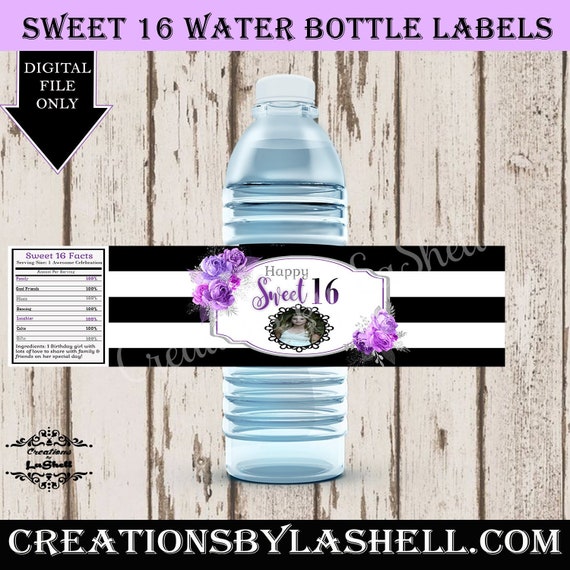 Sweet 16 Water Bottle Labelsbirthday Party Favorspurple Etsy