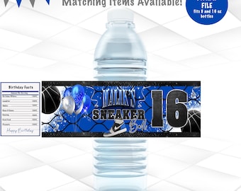 Printable Sneaker Ball Water Bottle Label | Boy Birthday Party Favor | Royal Blue and Black Digital File | Basketball & Sneaker Theme | SBB1