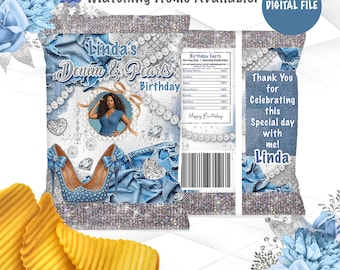 Denim & Pearls Birthday Chip Bag | Printable Party Favor | Blue and Silver Custom Treat Bag | Digital File | Glam Party | DP1