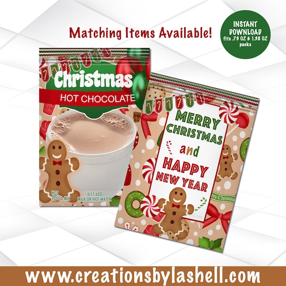 Christmas Hot Cocoa Wrapper Instant Download | Kids Hot Chocolate Wrappers Template | Holiday Hot Cocoa Printable | GINGERBREAD FAVORS C2