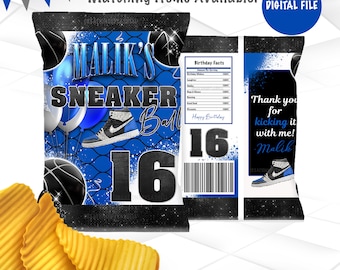 Sneaker Ball Chip Bag Digital File | Boy Birthday Party Favor | Royal Blue & Black Printable | Basketball Theme Snack Bag Wrapper | SBB1