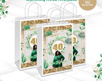 Happy Birthday Green and Gold Gift Bag Digital File | DIY Gift Bag | 40th Birthday Favors | Party Printable | BGG1
