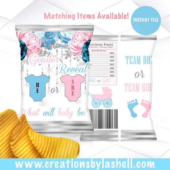 Gender Reveal Chip Bag Instant Download He or She Chip Bag Etsy