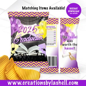 Graduation Chip Bag Instant Download | Purple and Yellow Graduation Chip Bag Printable | Graduation Favors G11
